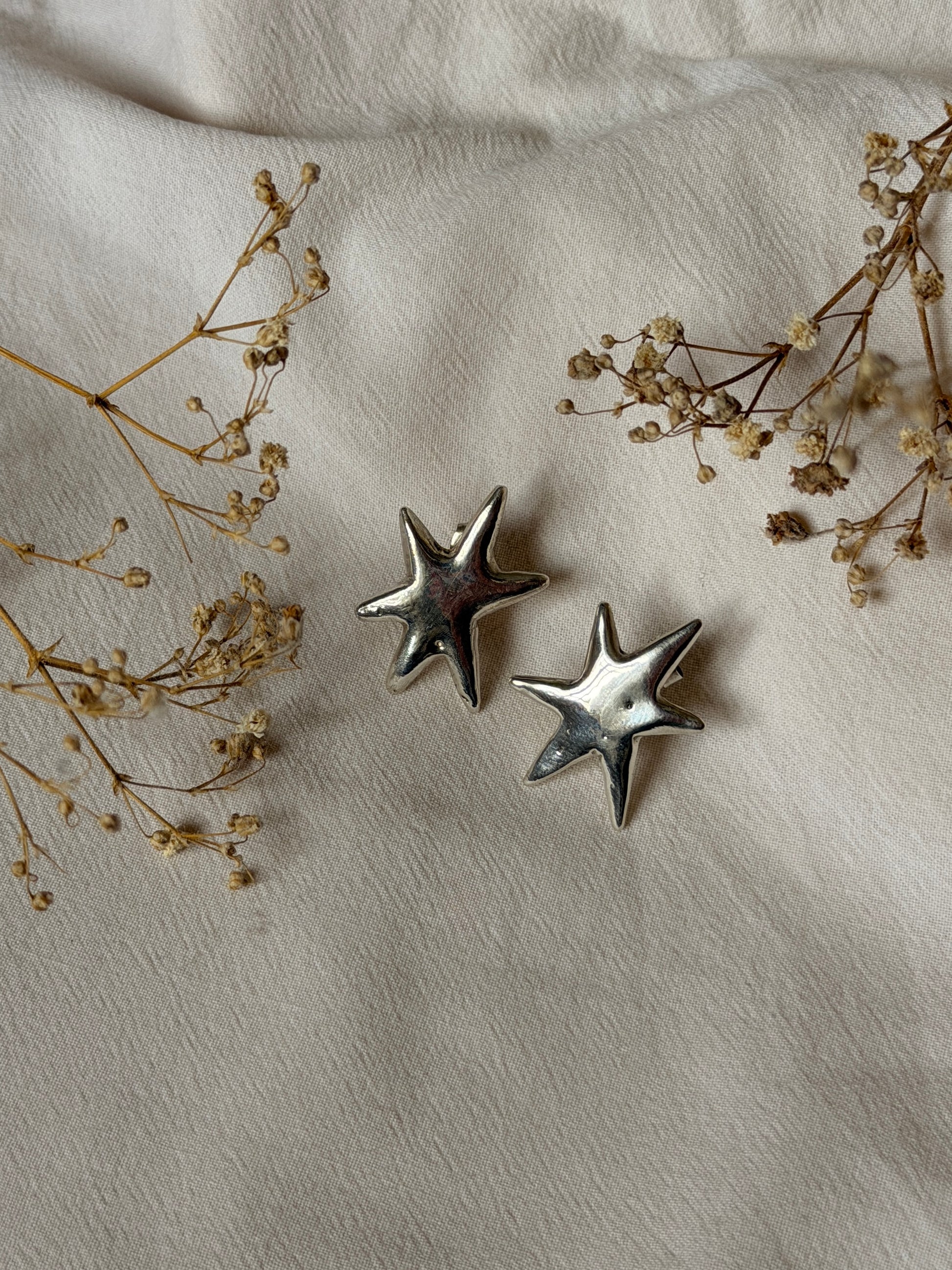 Star-shaped silver earrings on a textured beige surface with dried flowers.